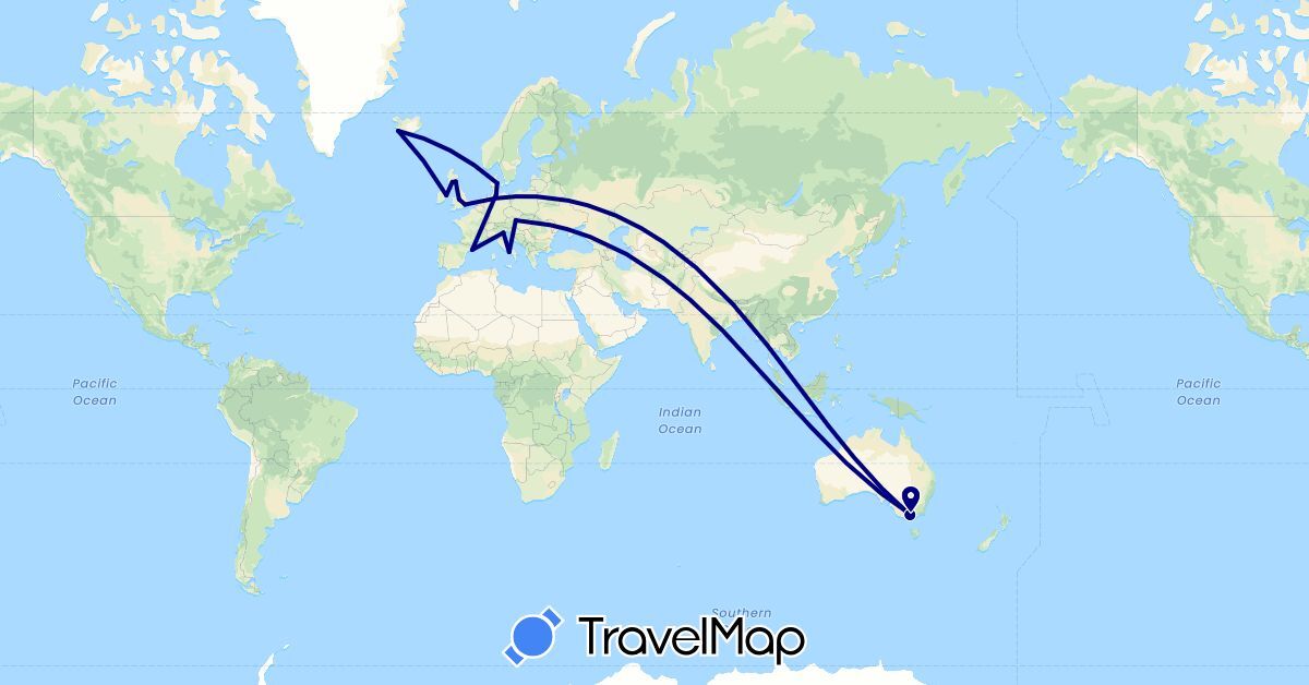 TravelMap itinerary: driving in Austria, Australia, Germany, Denmark, Spain, United Kingdom, Ireland, Iceland, Italy (Europe, Oceania)
